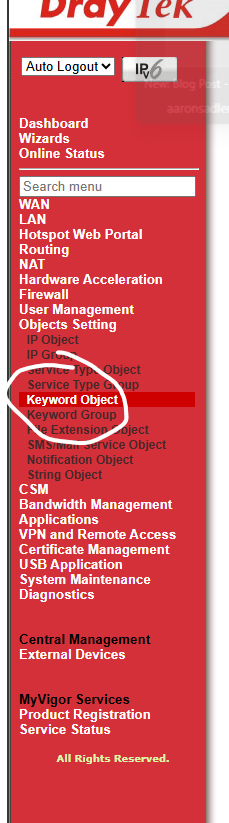 DrayTek Vigor 2832 Keyword Object